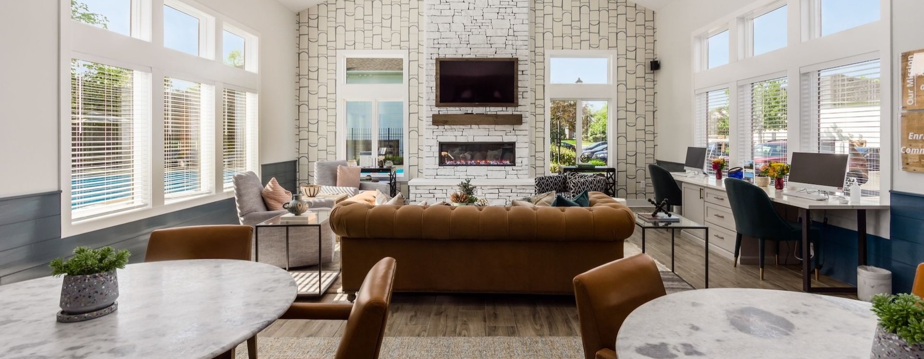 a living room with a couch and a table