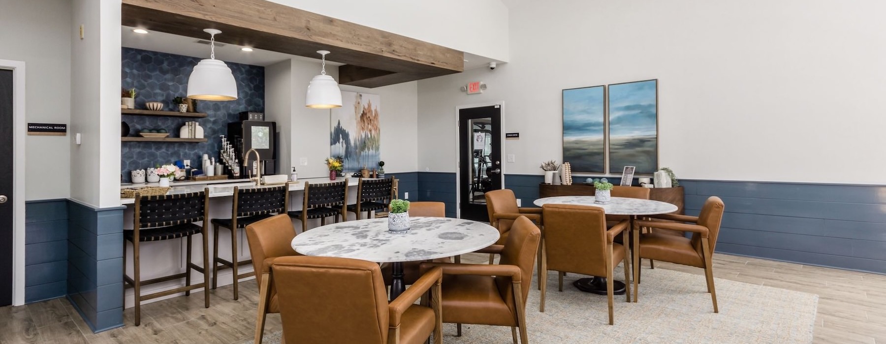 a room with tables and chairs