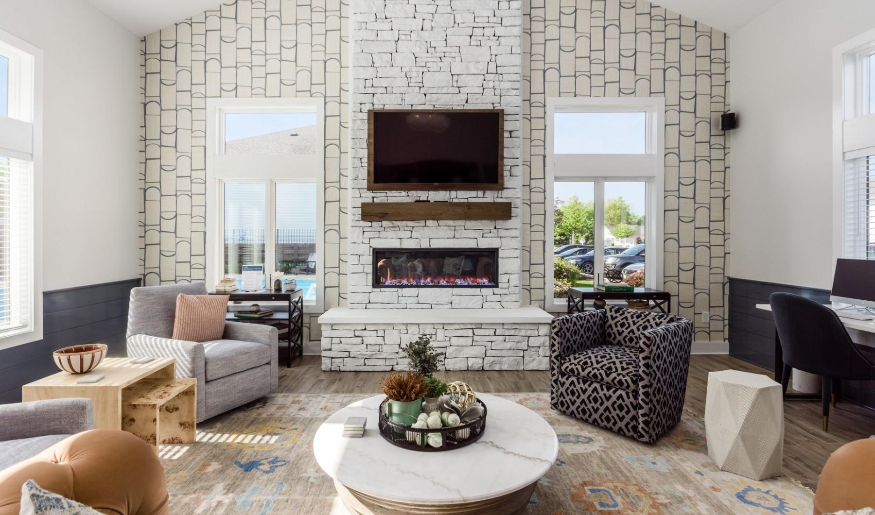 a living room with a fireplace