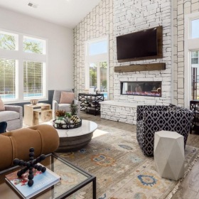 a living room with a fireplace
